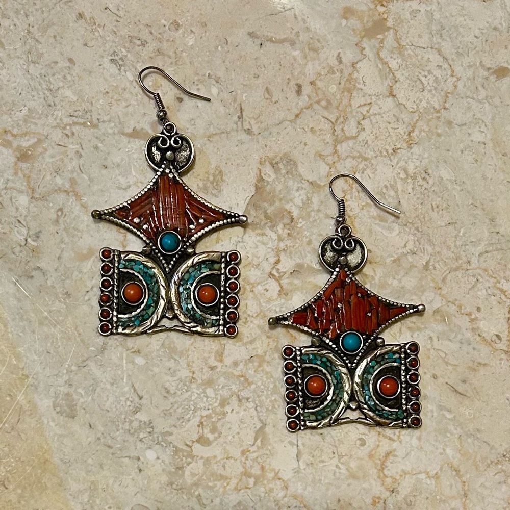 Tibetan Turquoise & Coral Drop Earrings - Women Jewelry